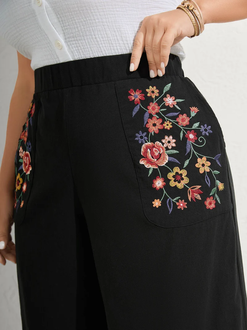 Cotton Floral Embroidered Pockets Ribbed Hem Pants