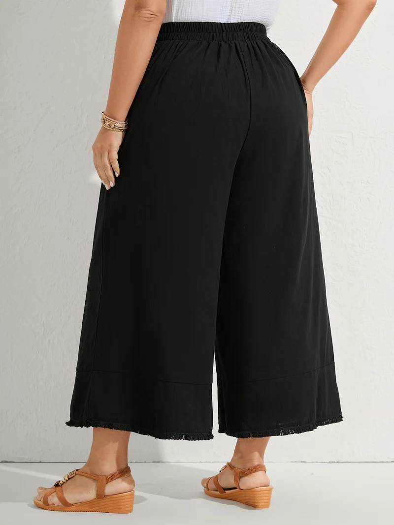 Cotton Floral Embroidered Pockets Ribbed Hem Pants