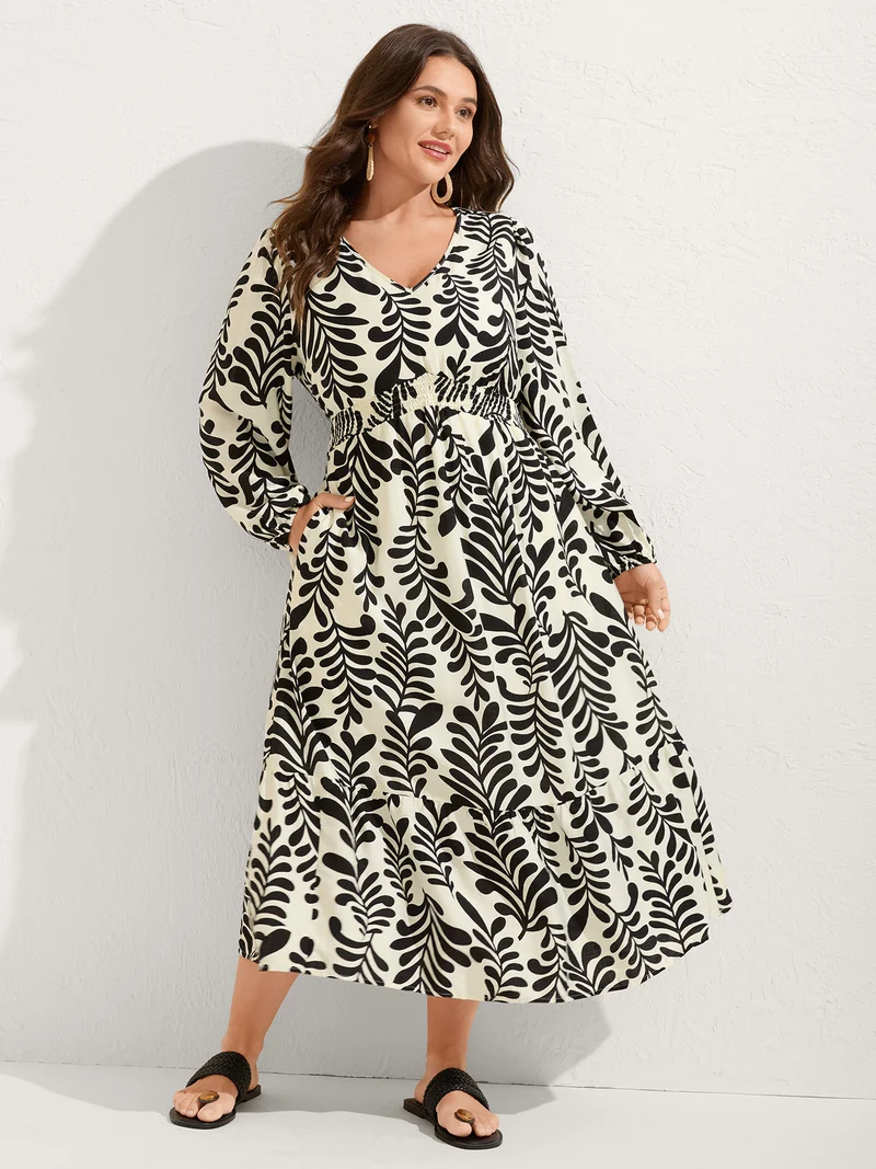 Leafy Print Shirred Waist Midi Dress