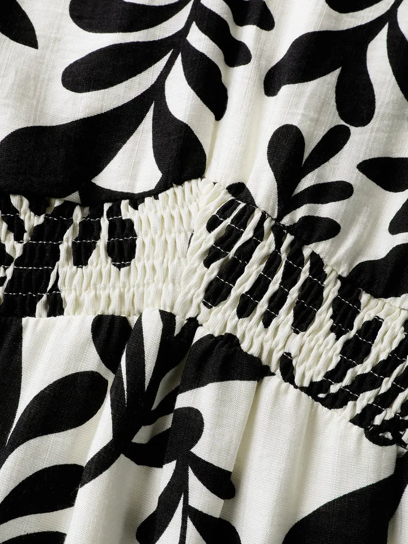 Leafy Print Shirred Waist Midi Dress