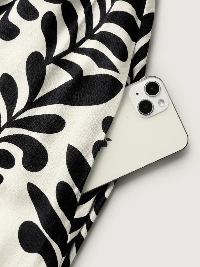 Leafy Print Shirred Waist Midi Dress