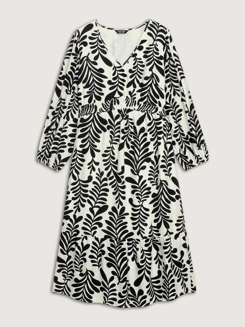Leafy Print Shirred Waist Midi Dress