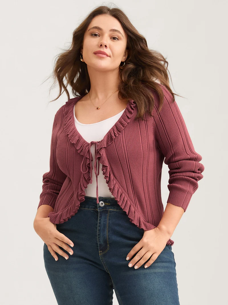 Ruffled Edged Front Tie Knit Cardigan