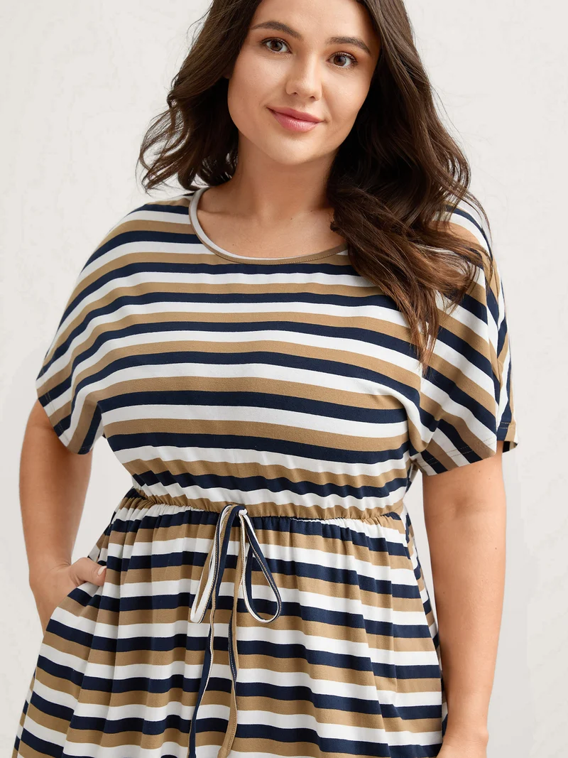 Pure Cotton Striped Waist-Tie Midi Dress