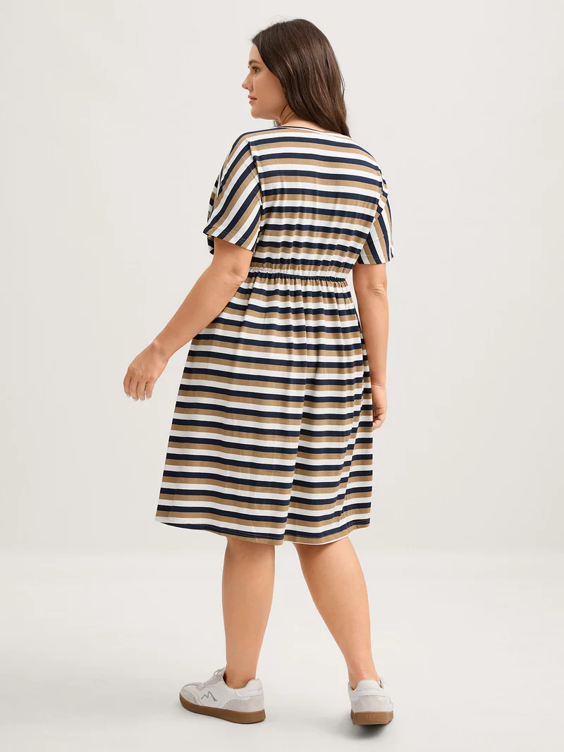 Pure Cotton Striped Waist-Tie Midi Dress