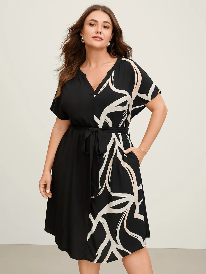 Abstract Contrast Curvy Hem Belted Midi Dress