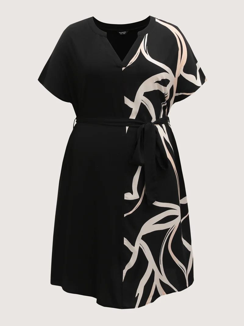 Abstract Contrast Curvy Hem Belted Midi Dress