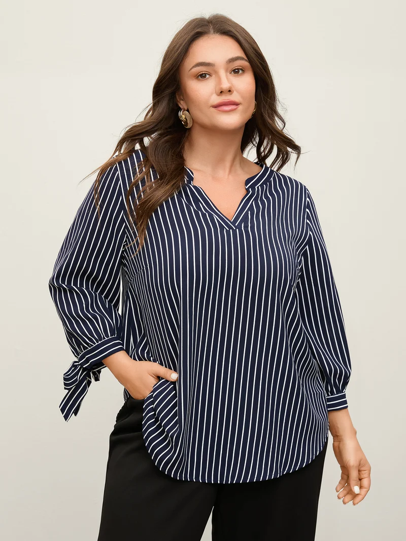 Striped Notched Collar Sleeve Tie Blouse