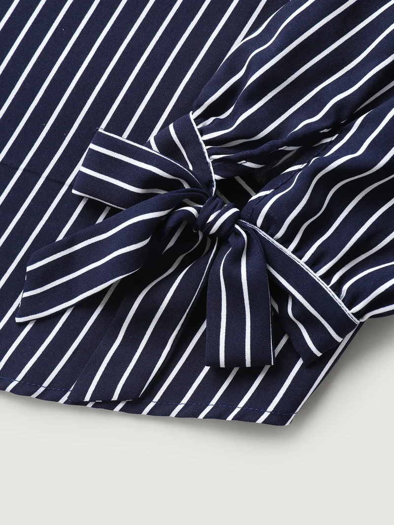 Striped Notched Collar Sleeve Tie Blouse