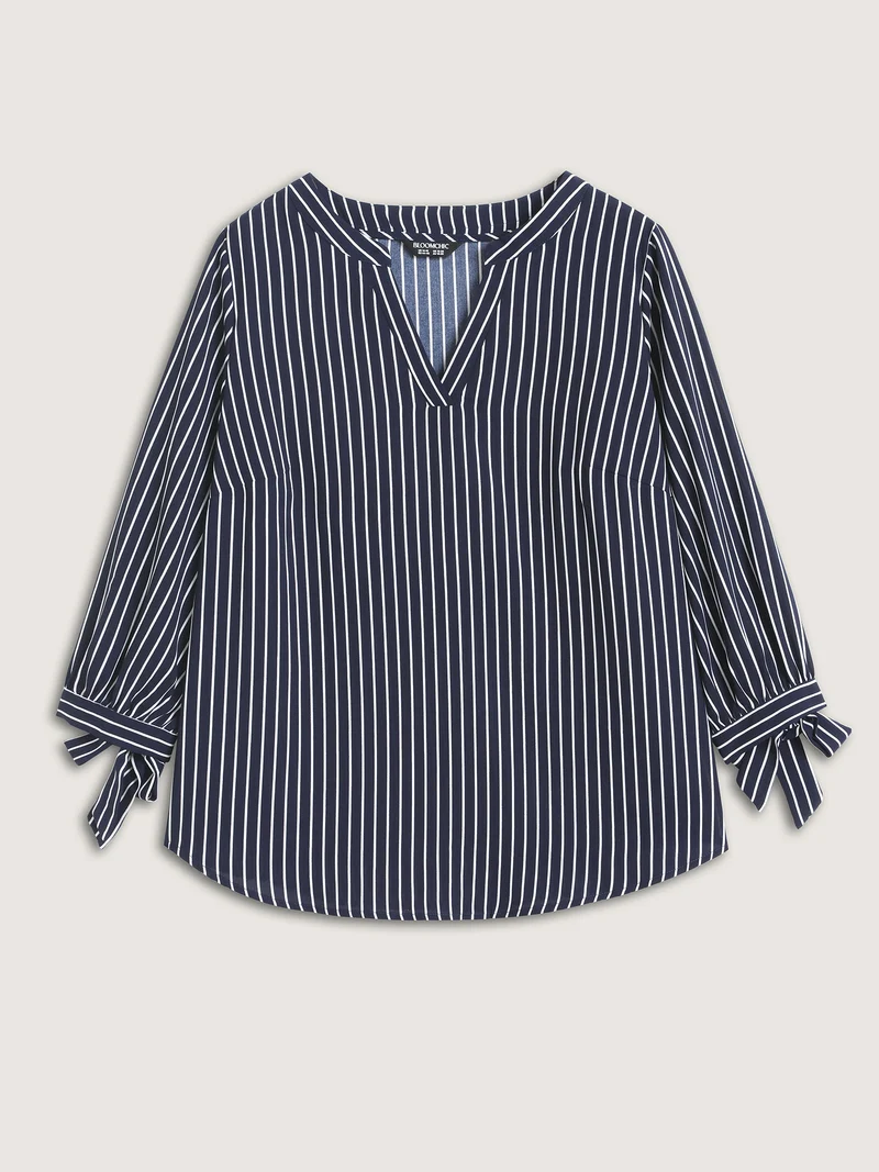 Striped Notched Collar Sleeve Tie Blouse
