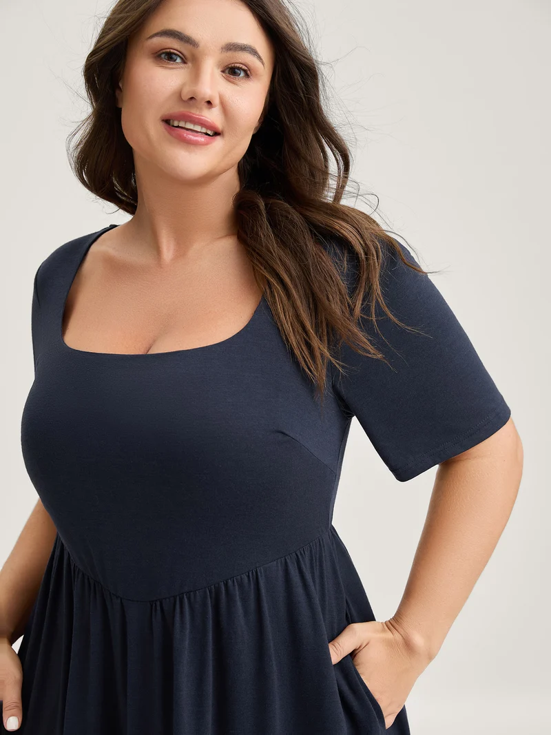 Scoop Neck Stretch Solid Pockets Midi Dress