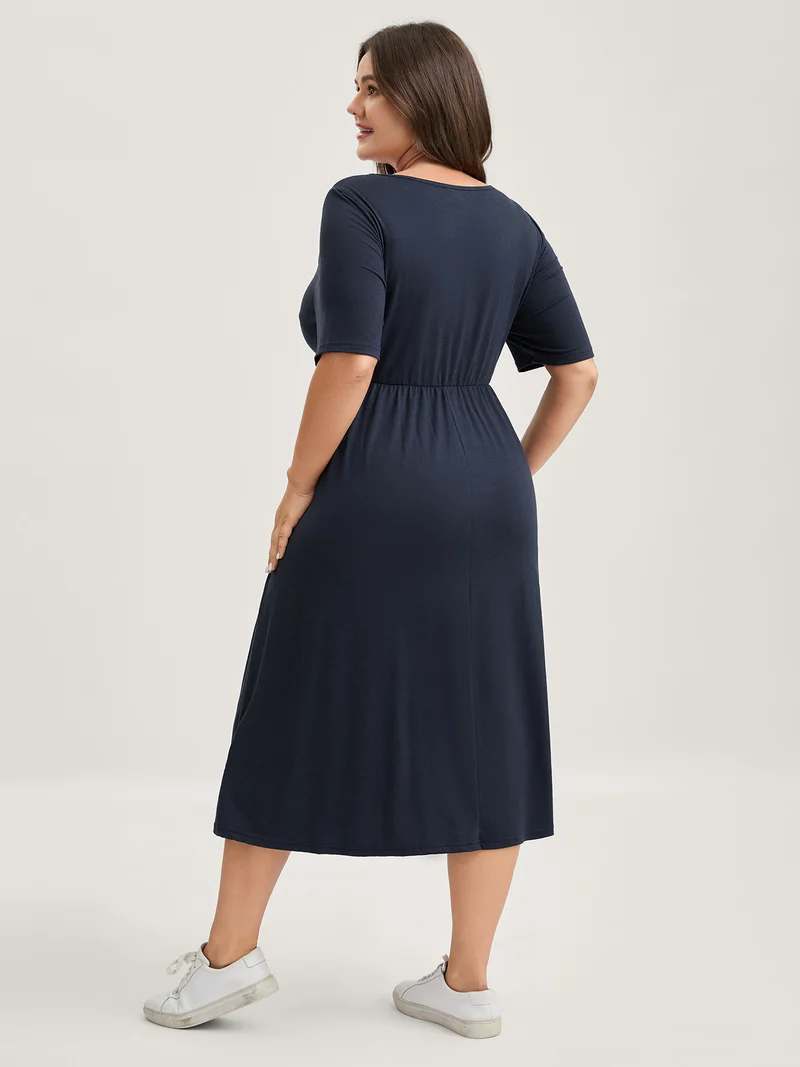 Scoop Neck Stretch Solid Pockets Midi Dress