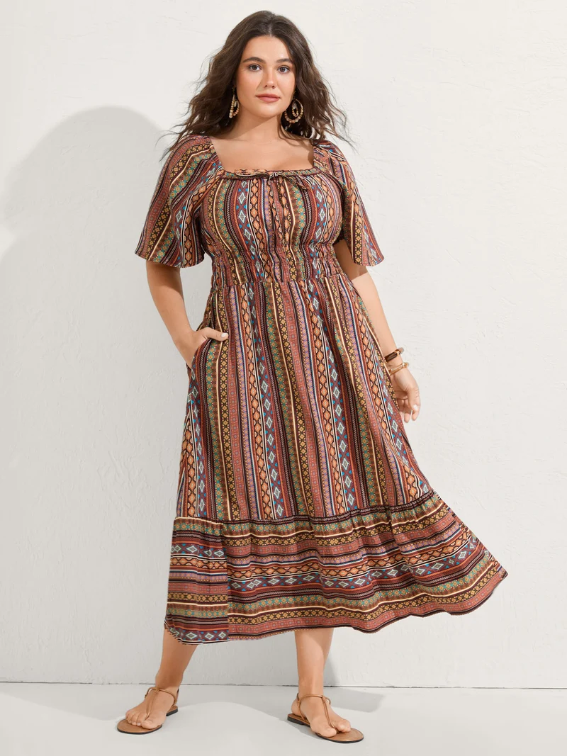 Striped Cinched-Waist Midi Dress