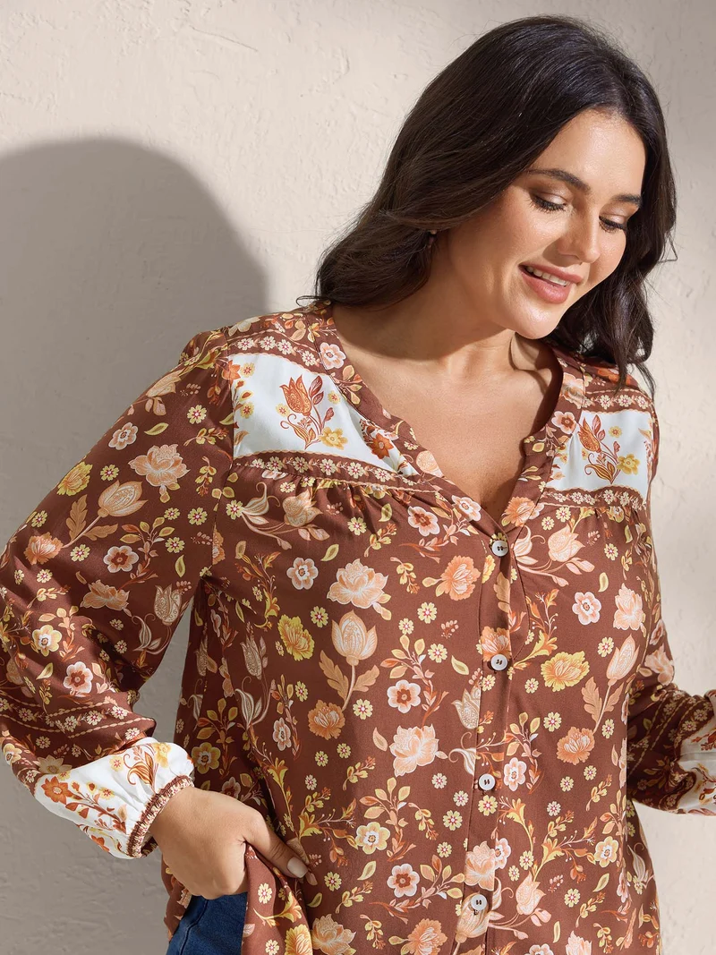 Floral Print Contrast Button-Front Shirt