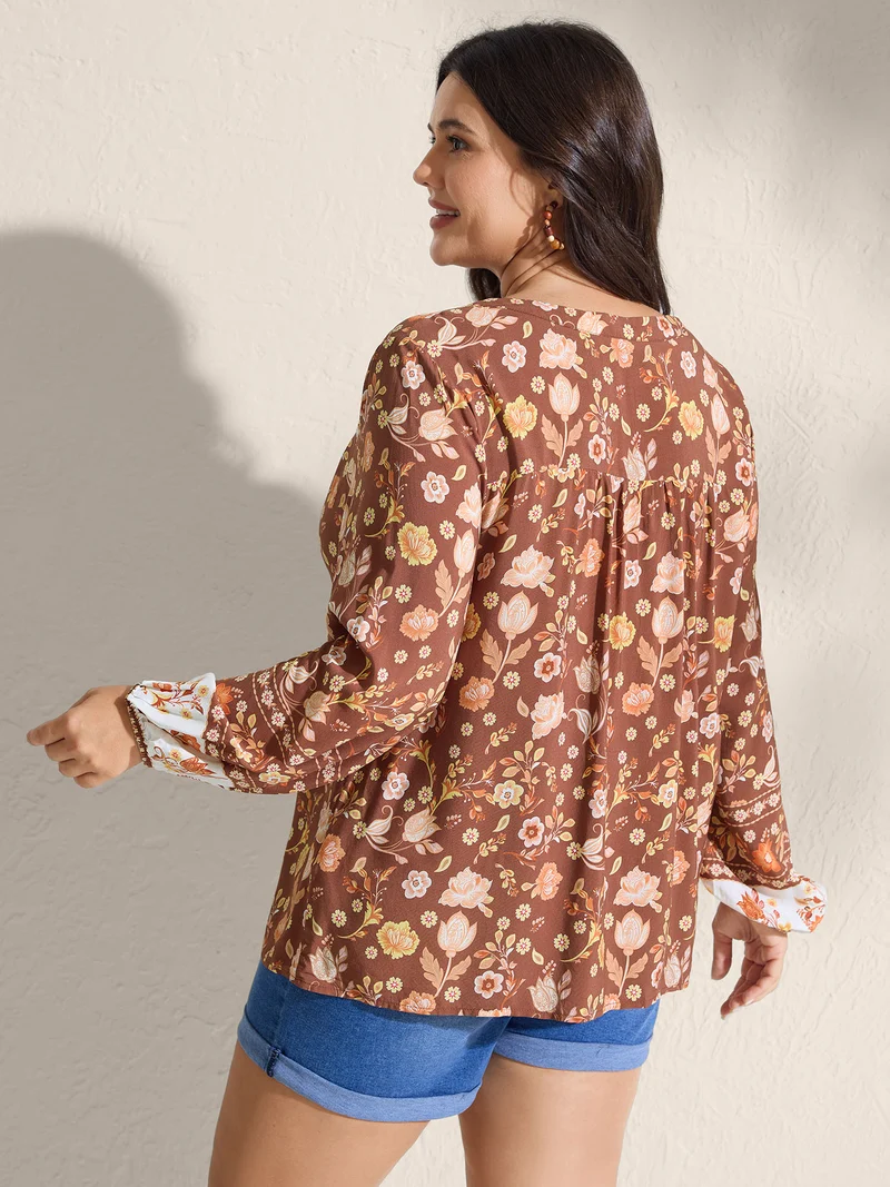 Floral Print Contrast Button-Front Shirt