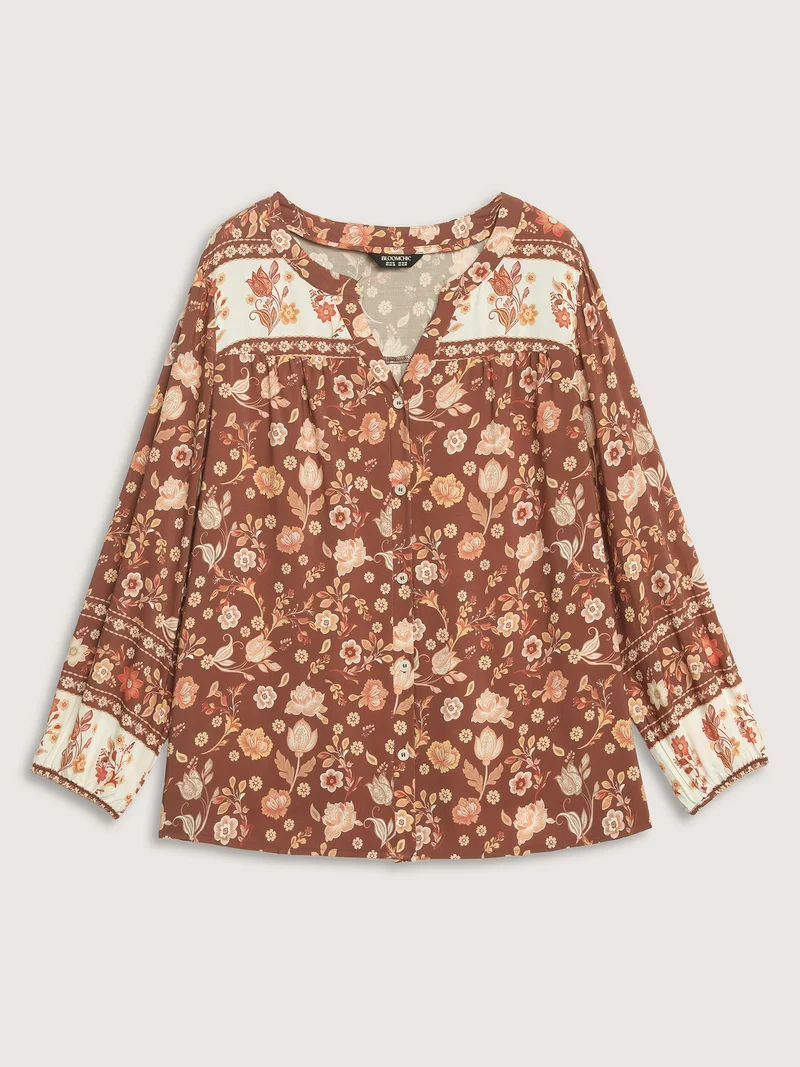 Floral Print Contrast Button-Front Shirt