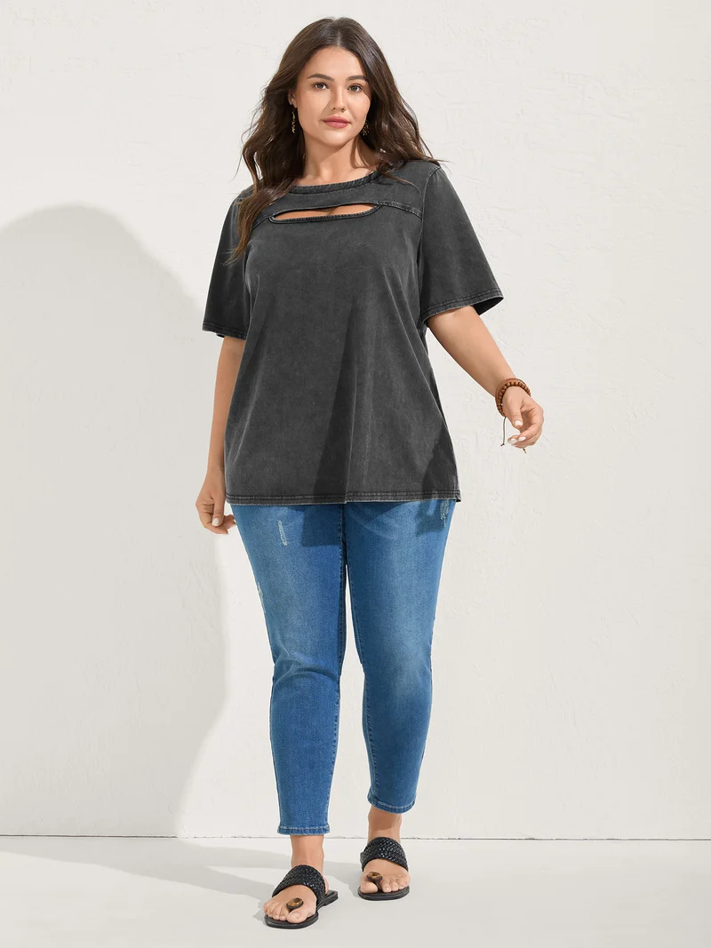 Cotton Vintage Wash Neck Cut-Out T-Shirt