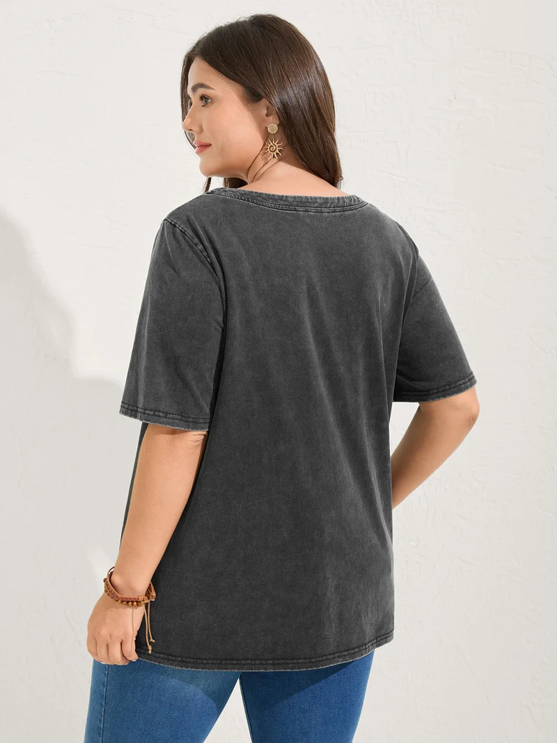 Cotton Vintage Wash Neck Cut-Out T-Shirt