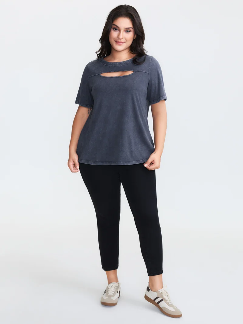 Cotton Vintage Wash Neck Cut-Out T-Shirt