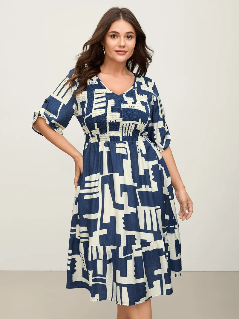 Rayon Geometric Print Shirred Bust Midi Dress