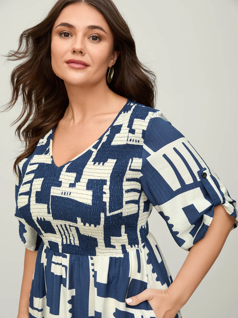 Rayon Geometric Print Shirred Bust Midi Dress