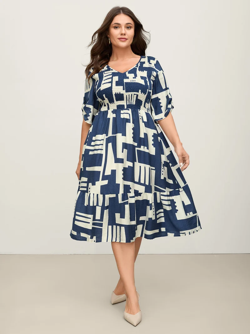 Rayon Geometric Print Shirred Bust Midi Dress