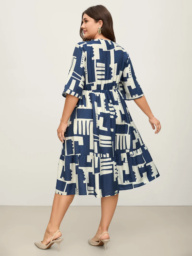 Rayon Geometric Print Shirred Bust Midi Dress