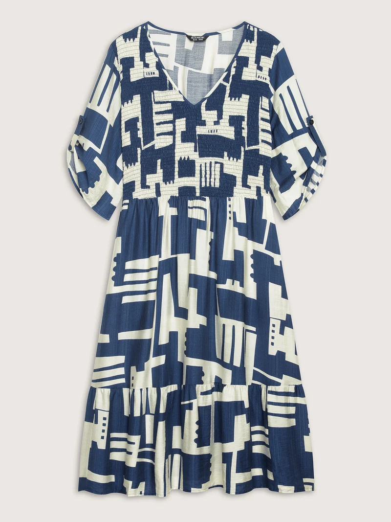 Rayon Geometric Print Shirred Bust Midi Dress