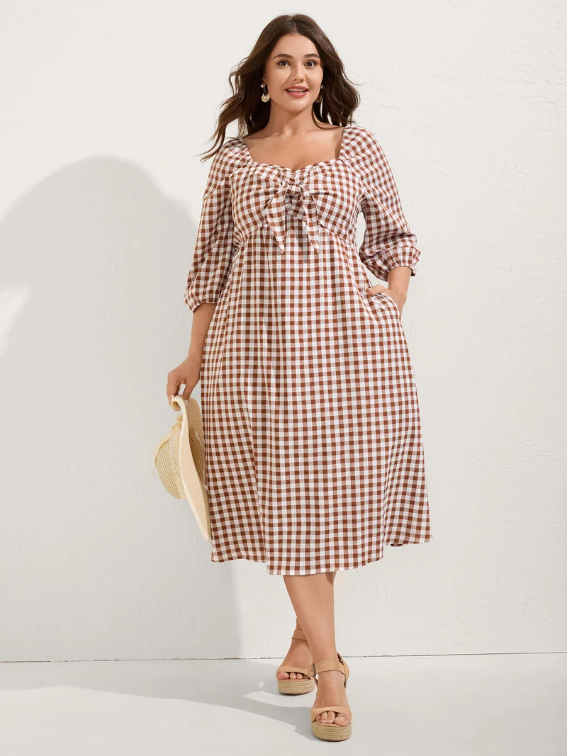 Gingham Print Shirred Bodice Knot Midi Dress