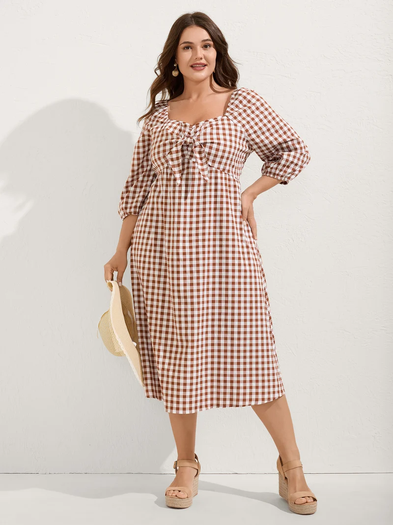 Gingham Print Shirred Bodice Knot Midi Dress
