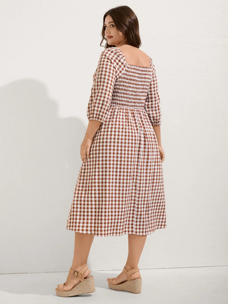 Gingham Print Shirred Bodice Knot Midi Dress