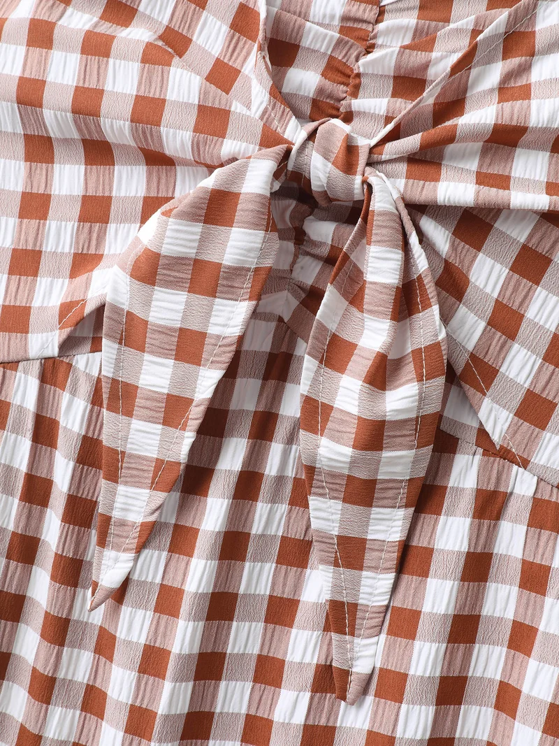 Gingham Print Shirred Bodice Knot Midi Dress