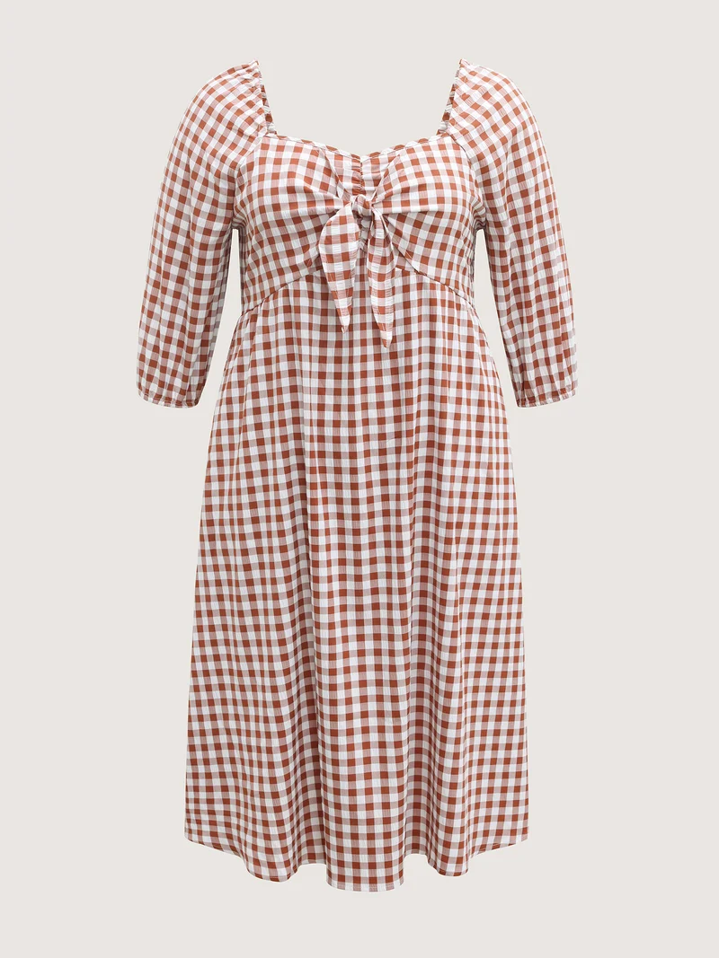 Gingham Print Shirred Bodice Knot Midi Dress
