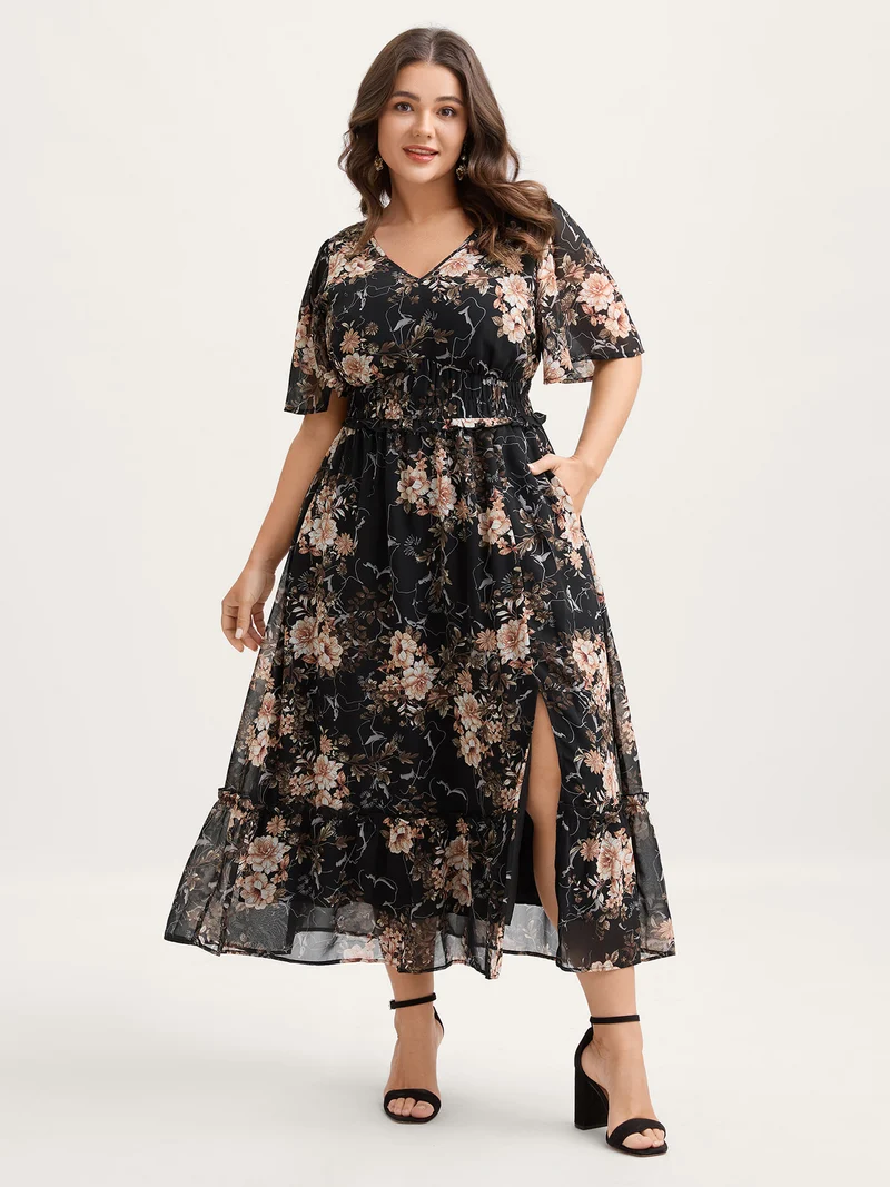 Chiffon Floral Print Tiered Slit Midi Dress