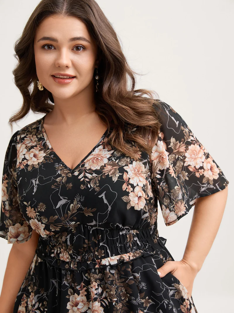 Chiffon Floral Print Tiered Slit Midi Dress
