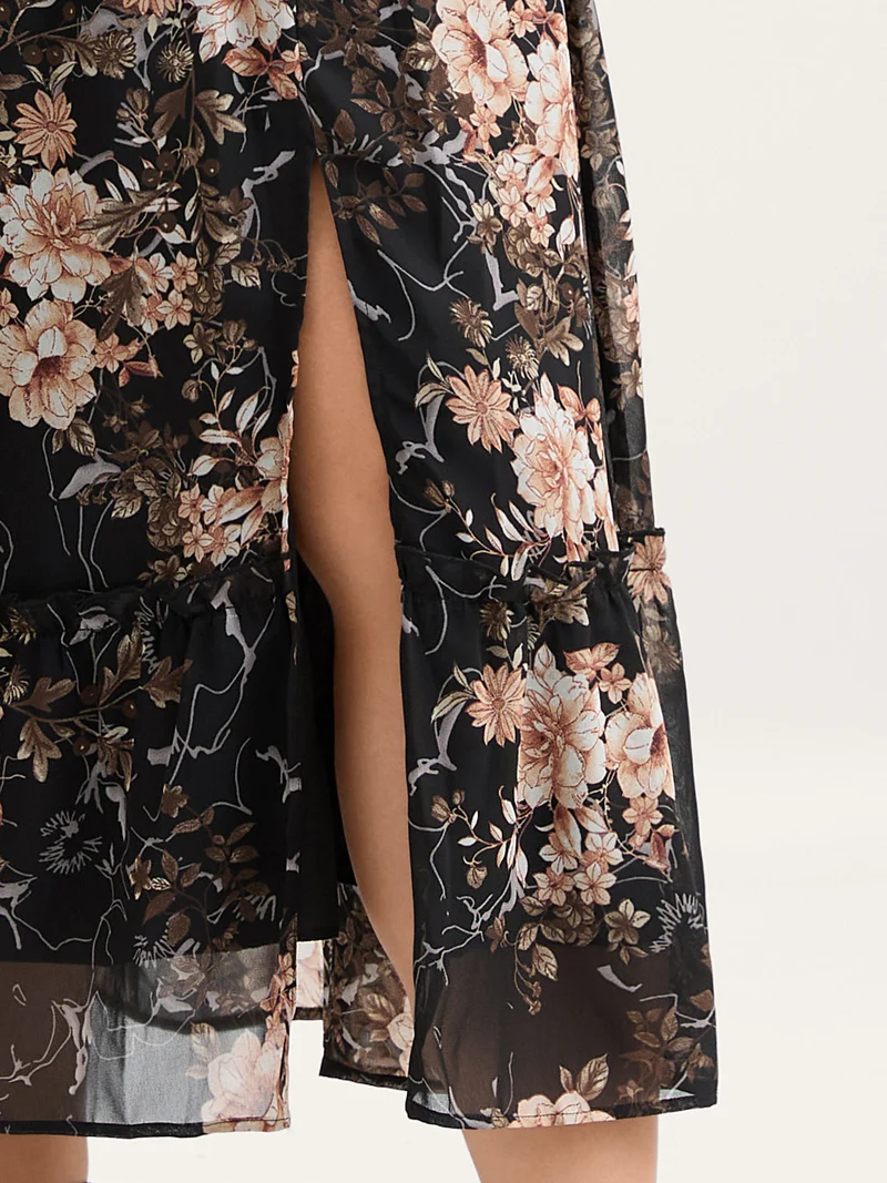 Chiffon Floral Print Tiered Slit Midi Dress
