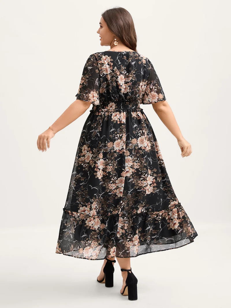 Chiffon Floral Print Tiered Slit Midi Dress