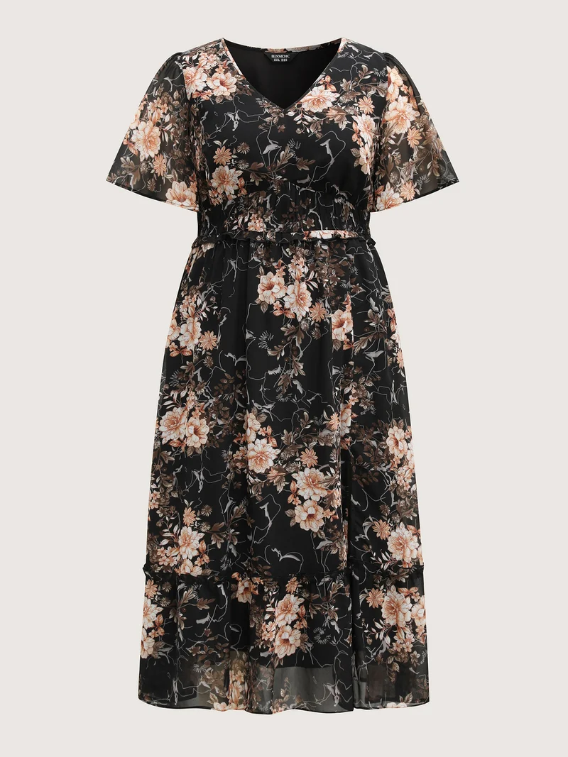 Chiffon Floral Print Tiered Slit Midi Dress