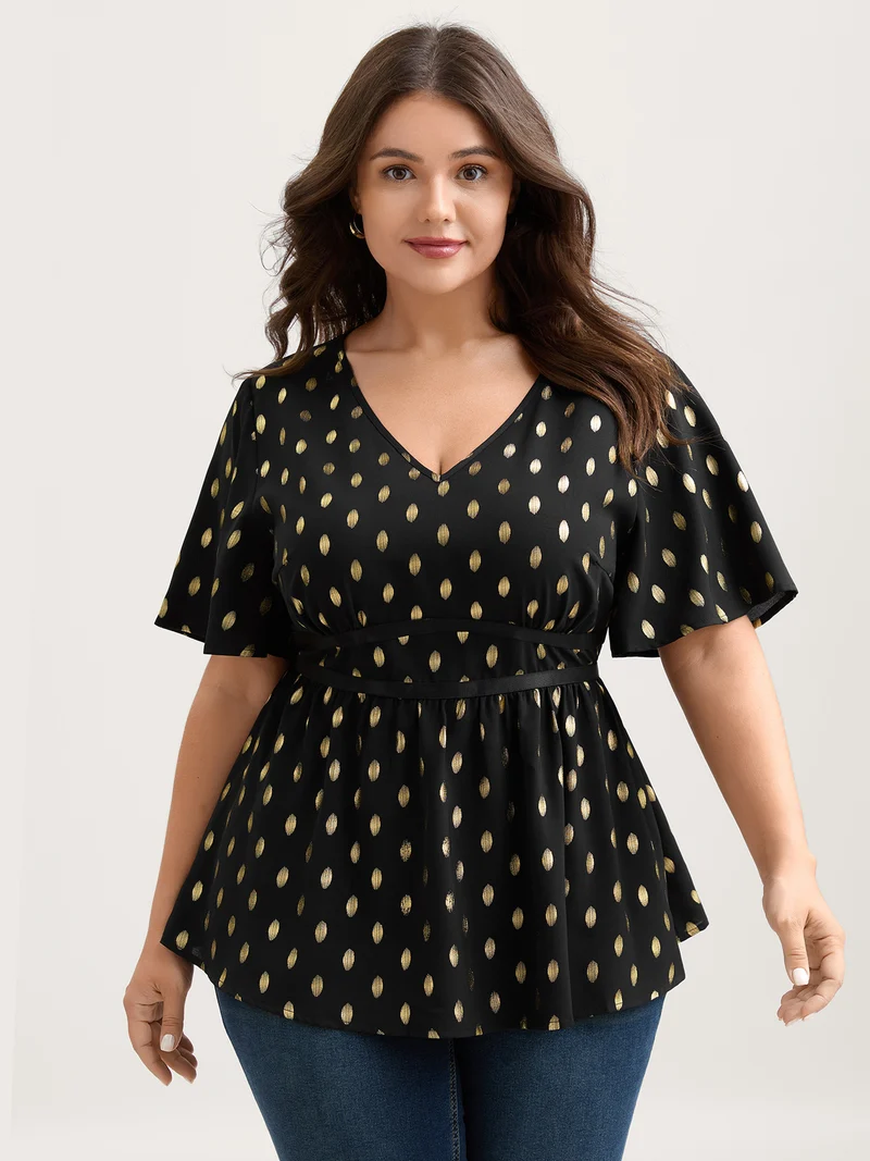 Shimmery Sequin Polka Dots Waist-Cinched Blouse