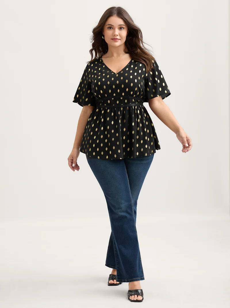 Shimmery Sequin Polka Dots Waist-Cinched Blouse