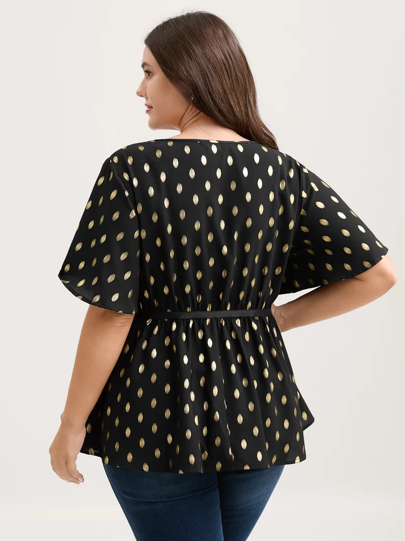 Shimmery Sequin Polka Dots Waist-Cinched Blouse