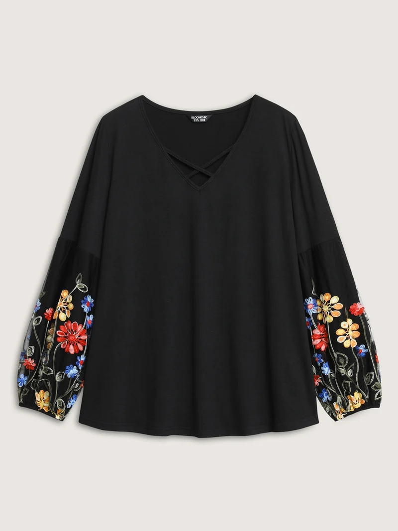 Floral Embroidered Sleeve Neck Tie-Up T-Shirt