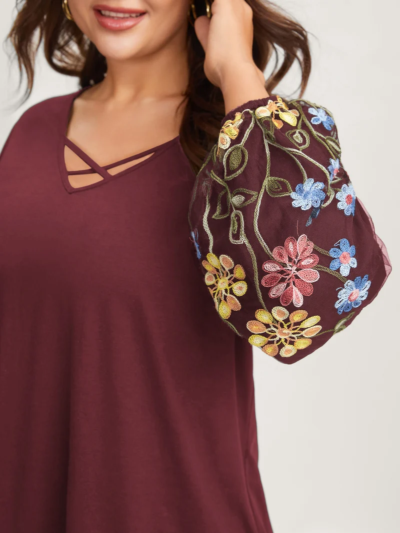 Floral Embroidered Sleeve Neck Tie-Up T-Shirt