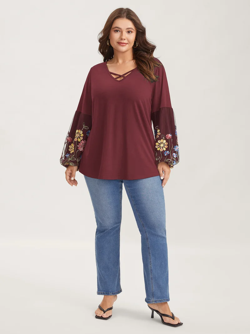 Floral Embroidered Sleeve Neck Tie-Up T-Shirt