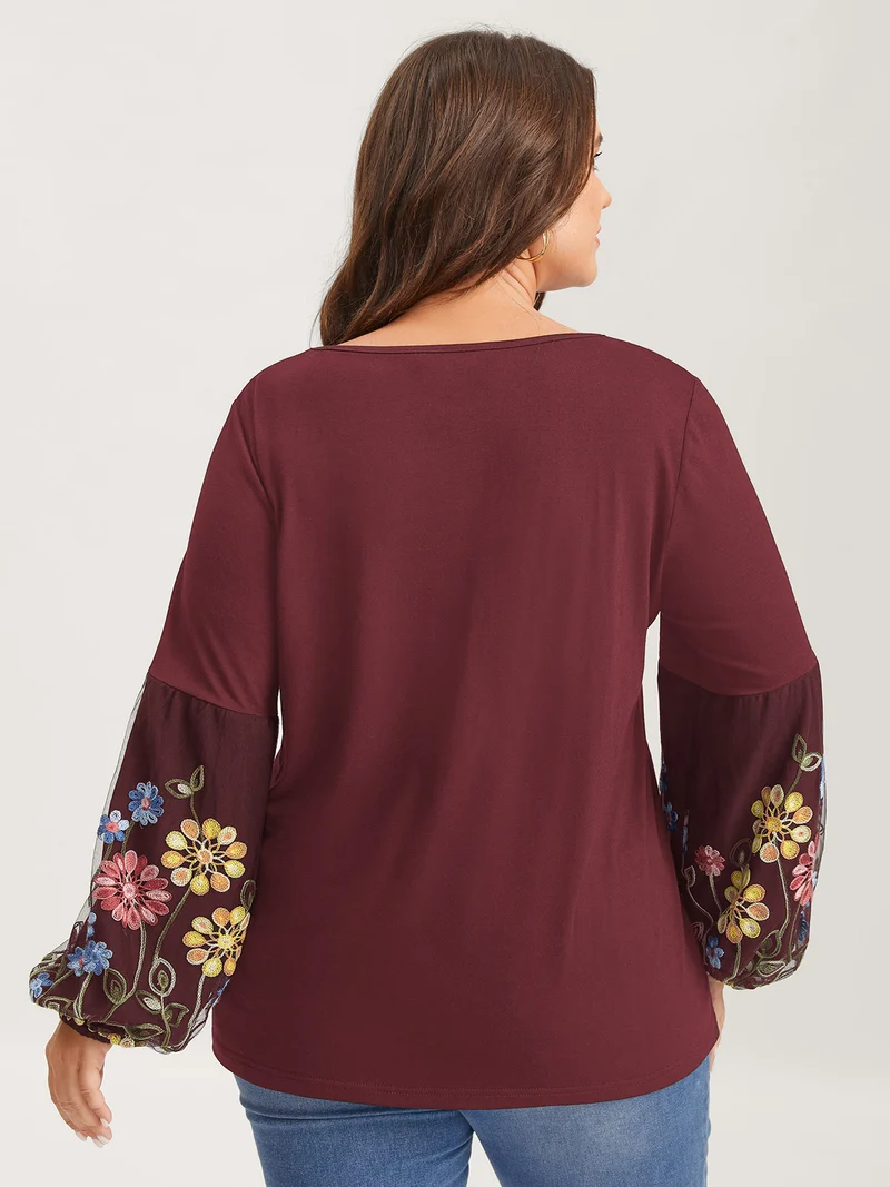 Floral Embroidered Sleeve Neck Tie-Up T-Shirt