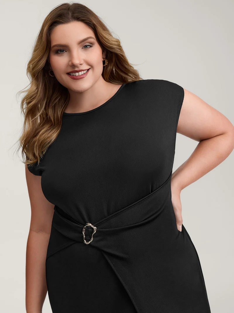 Wrap Style Metal Buckle Midi Dress