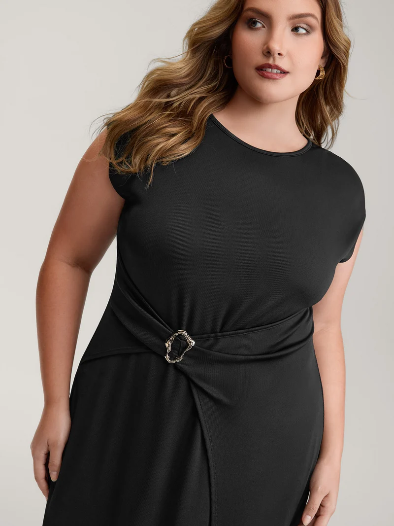 Wrap Style Metal Buckle Midi Dress