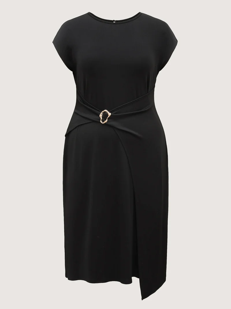 Wrap Style Metal Buckle Midi Dress