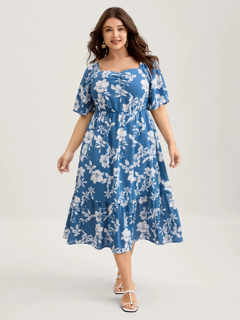 Silhouette Flower Stretchy Waist Pleated Midi Dress