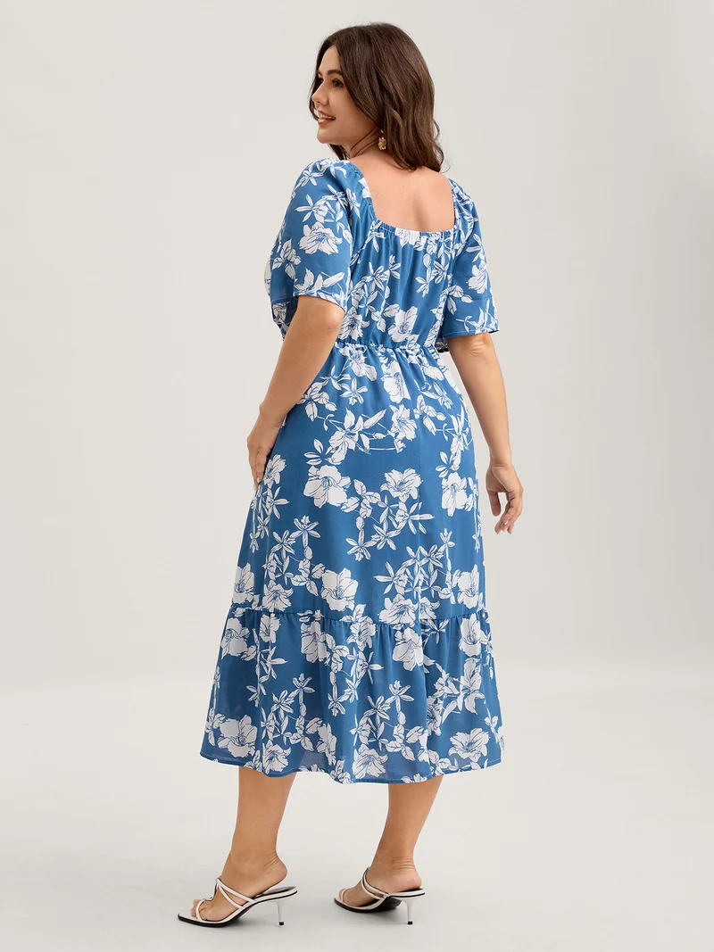 Silhouette Flower Stretchy Waist Pleated Midi Dress